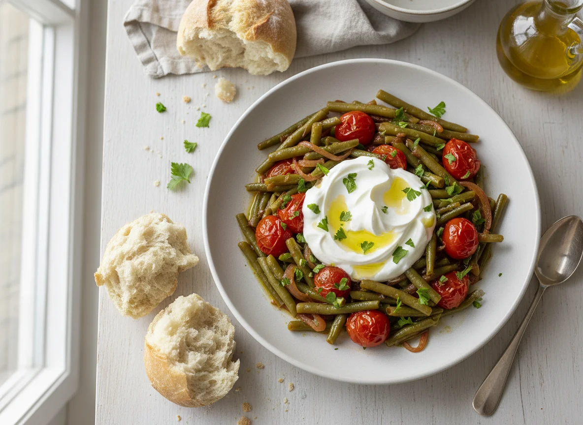 Grüne Bohnen mit Tomaten und Joghurt photo