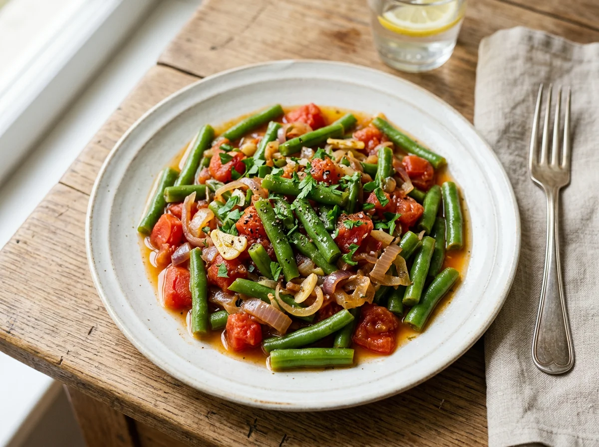 Grüne Bohnen mit Tomaten und Zwiebeln photo