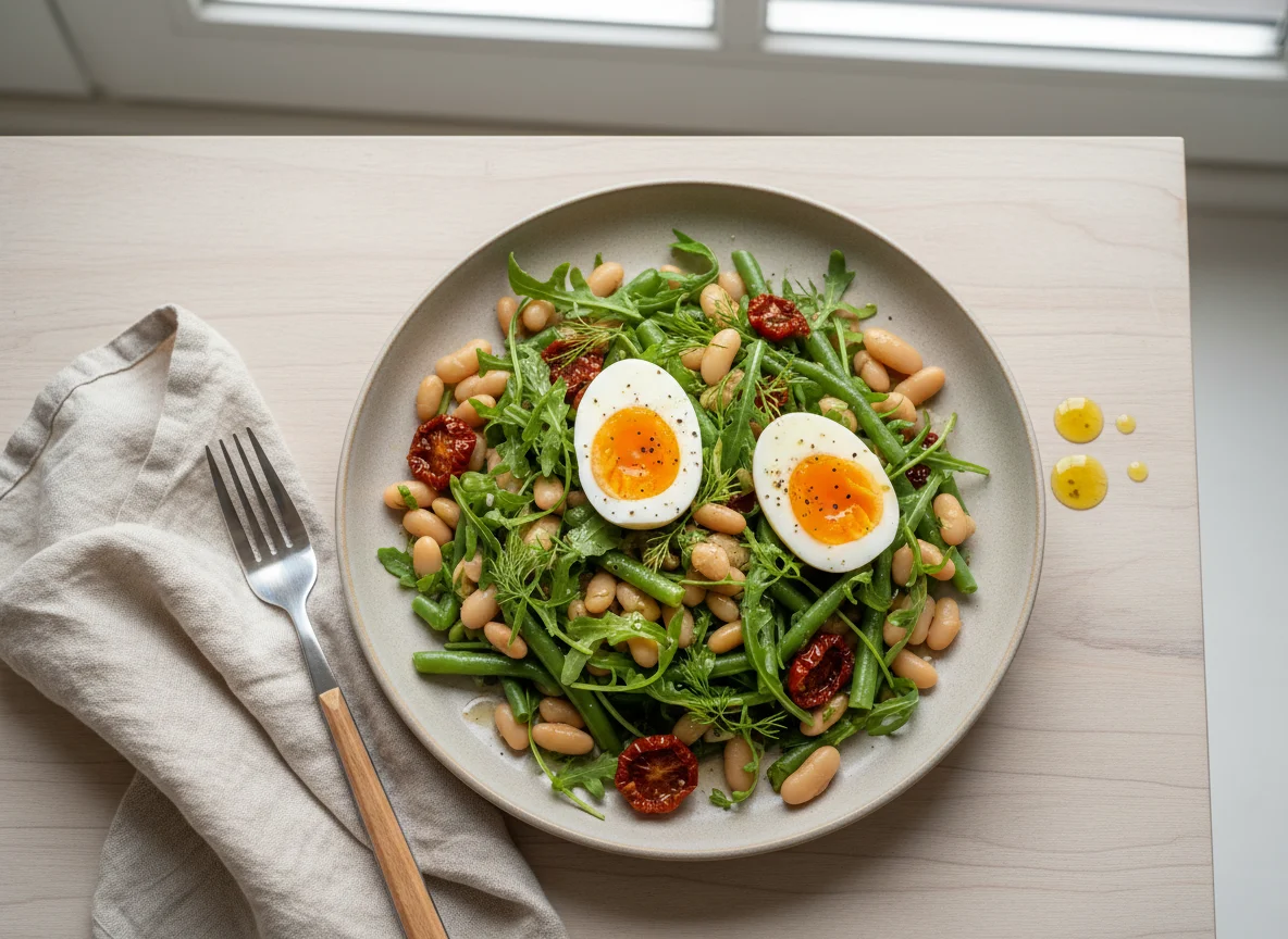 Grüne Bohnen und Bohnensalat mit Ei photo