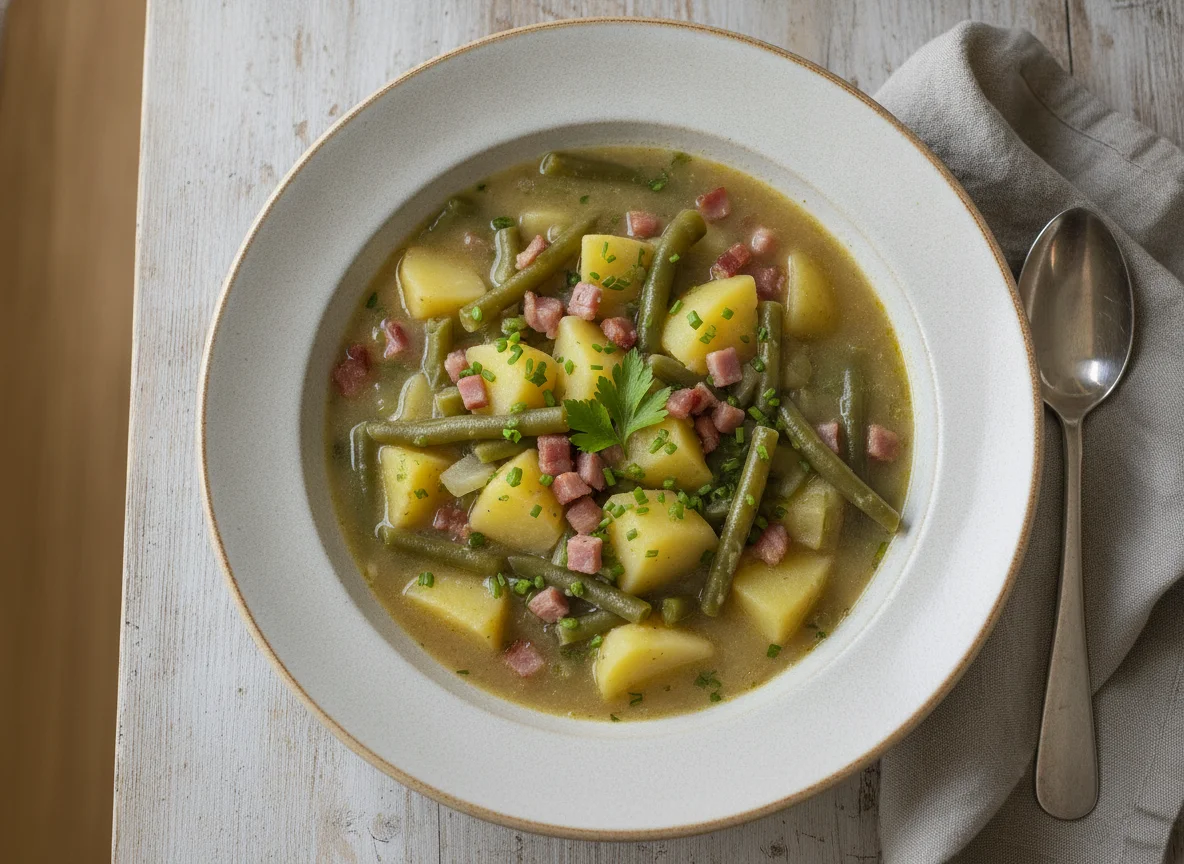 Grüne Bohneneintopf mit Kartoffeln und Speck photo