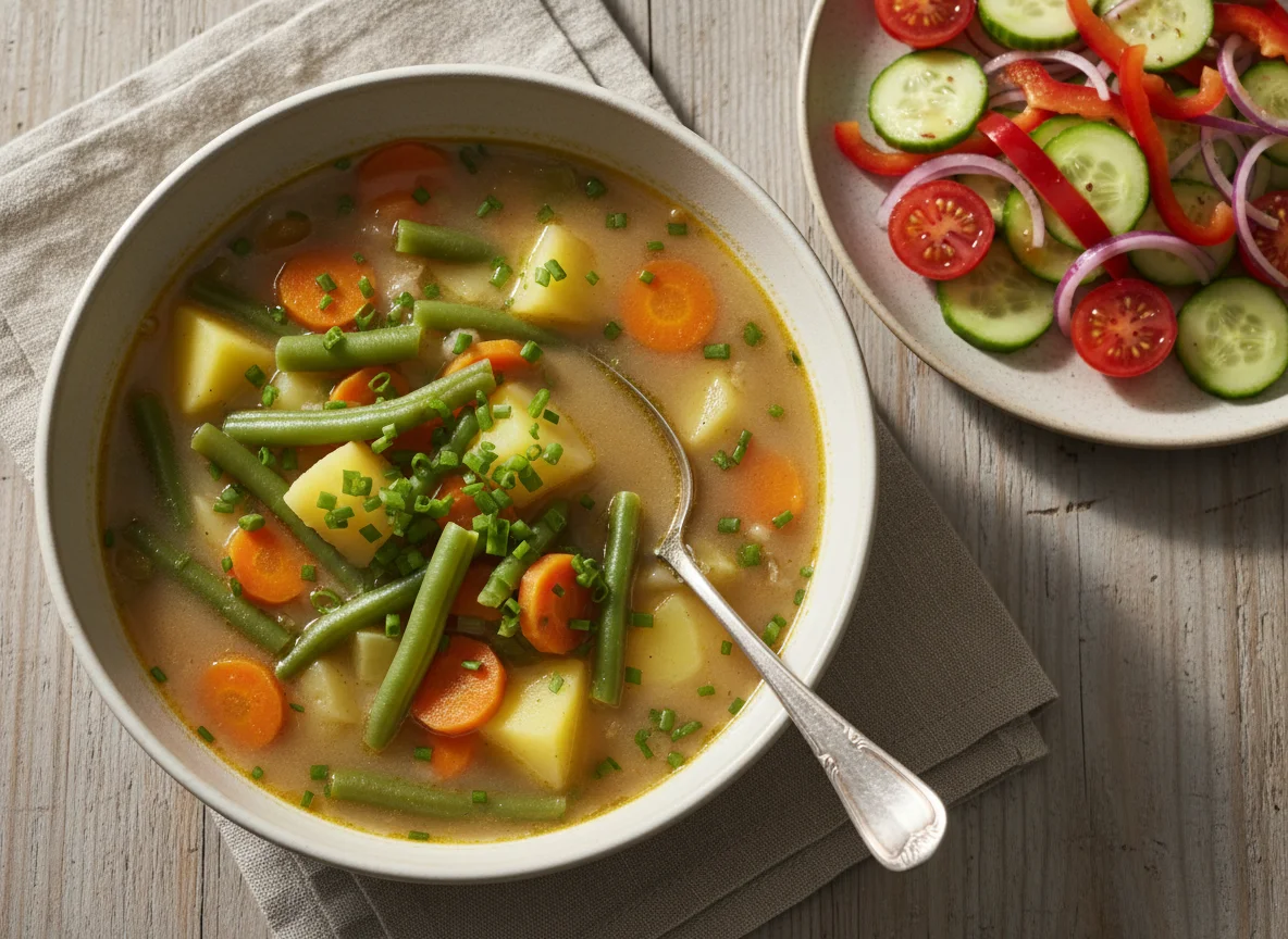 Grüne Bohnensuppe mit Kartoffeln und Beilagensalat photo