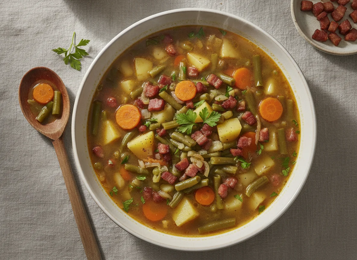 Grüne Bohnensuppe mit Kartoffeln und Speck photo