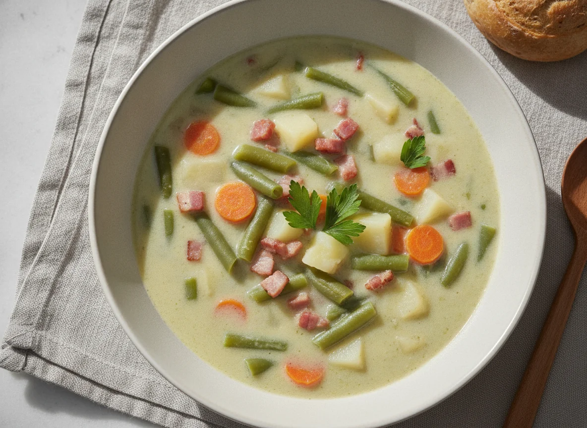 Grüne Bohnensuppe mit Speck photo