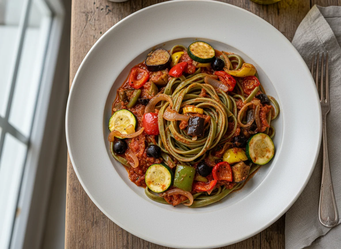 Grüne Pasta mit Ratatouille und Tomatensauce photo