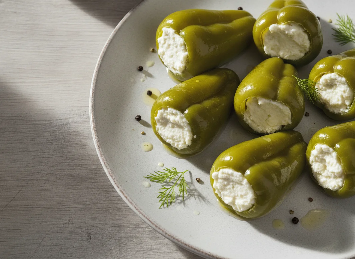Grüne Peperoni gefüllt mit Frischkäse photo