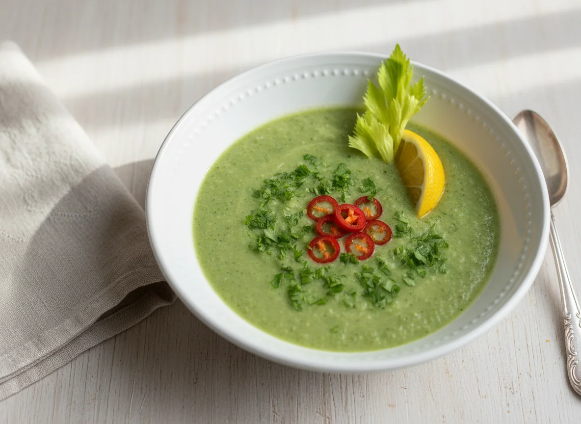 Grüne Suppe mit Chili und Zitrone photo