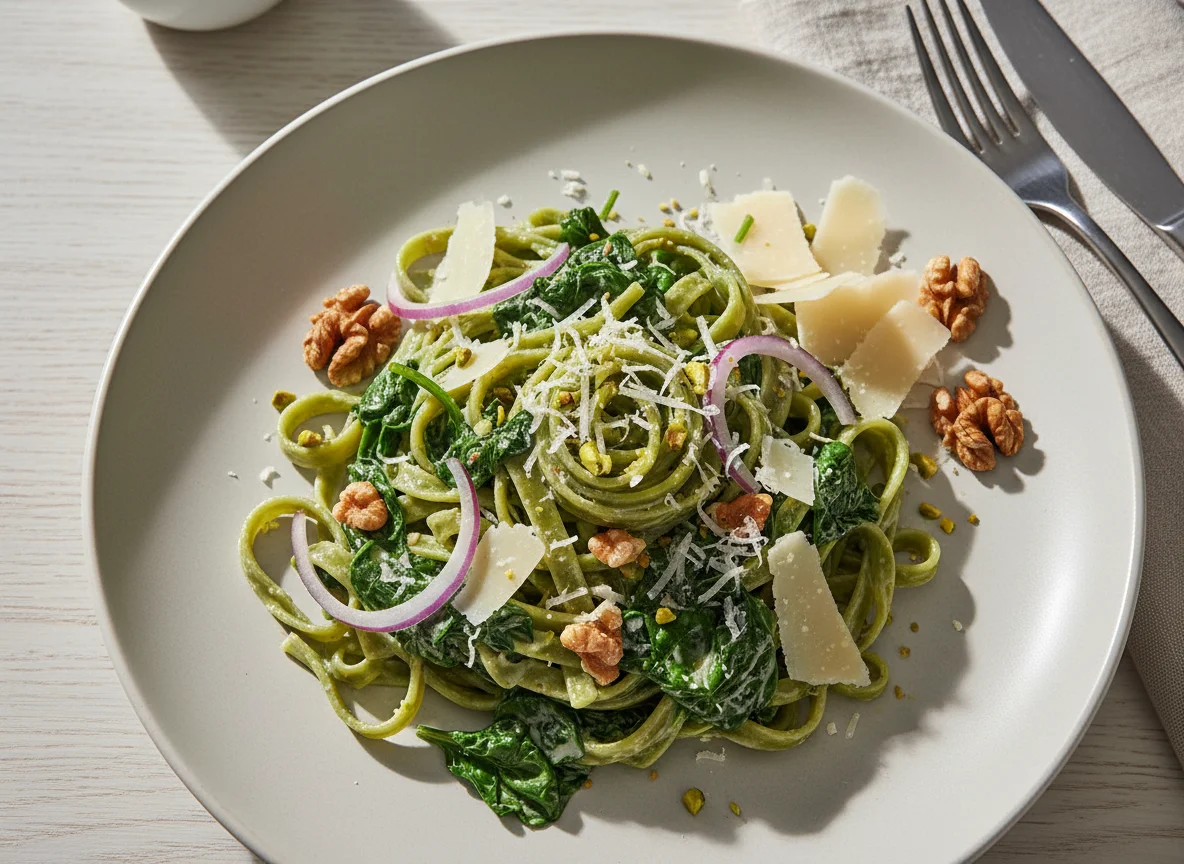 Grüne Tagliatelle mit Spinat, Walnüssen und Parmesan photo
