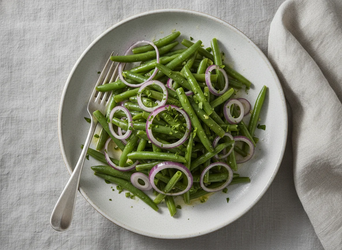 Grüner Bohnensalat mit roten Zwiebeln photo