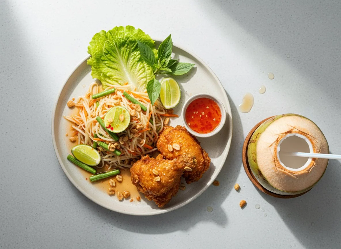 Grüner Papayasalat (Som Tum) mit frittiertem Hähnchen und Kokosnussgetränk photo