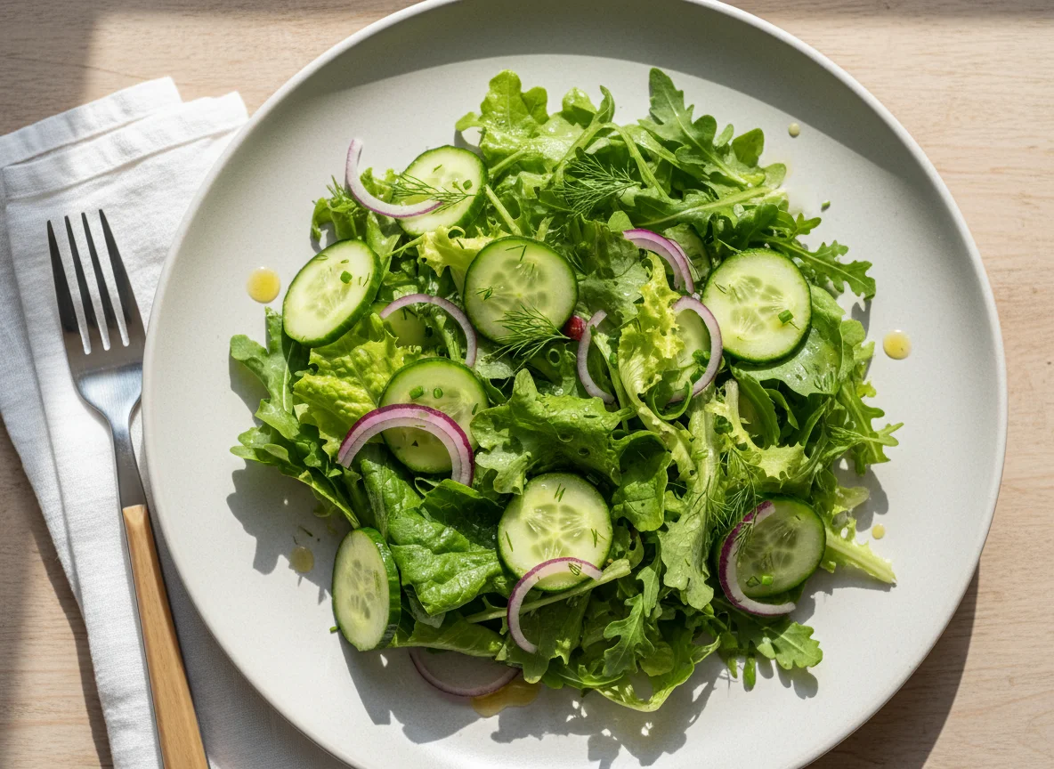 Grüner Salat mit Gurke und roter Zwiebel photo