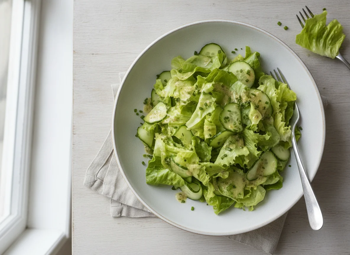 Grüner Salat mit Gurken und Dressing photo