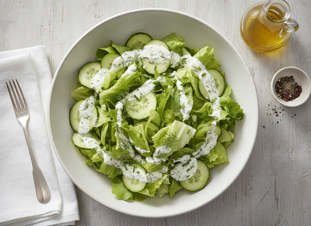 Grüner Salat mit Gurken und Joghurt-Dressing photo