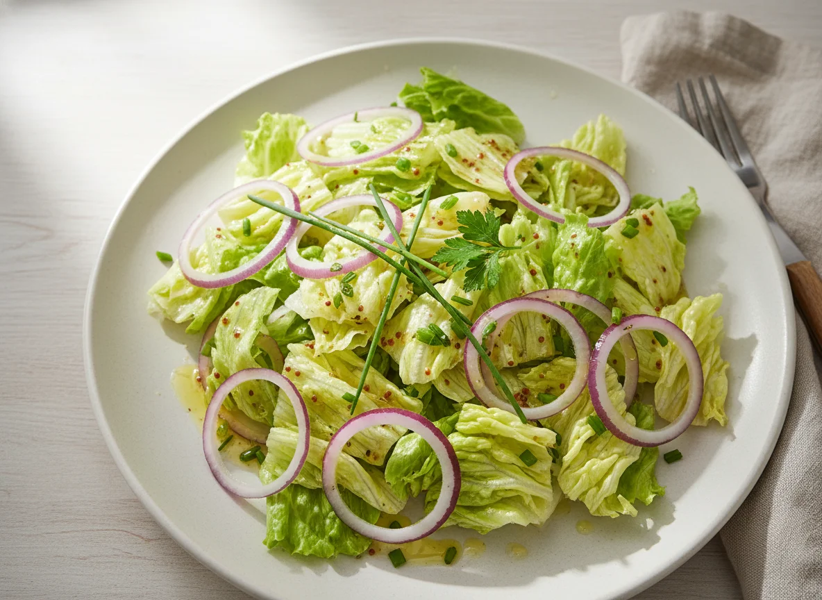 Grüner Salat mit roten Zwiebeln und Dressing photo
