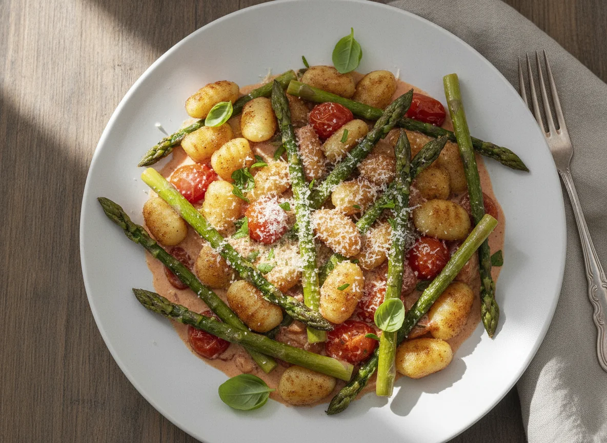 Grüner Spargel auf knusprigen Gnocchi in cremiger Kirschtomaten-Soße photo
