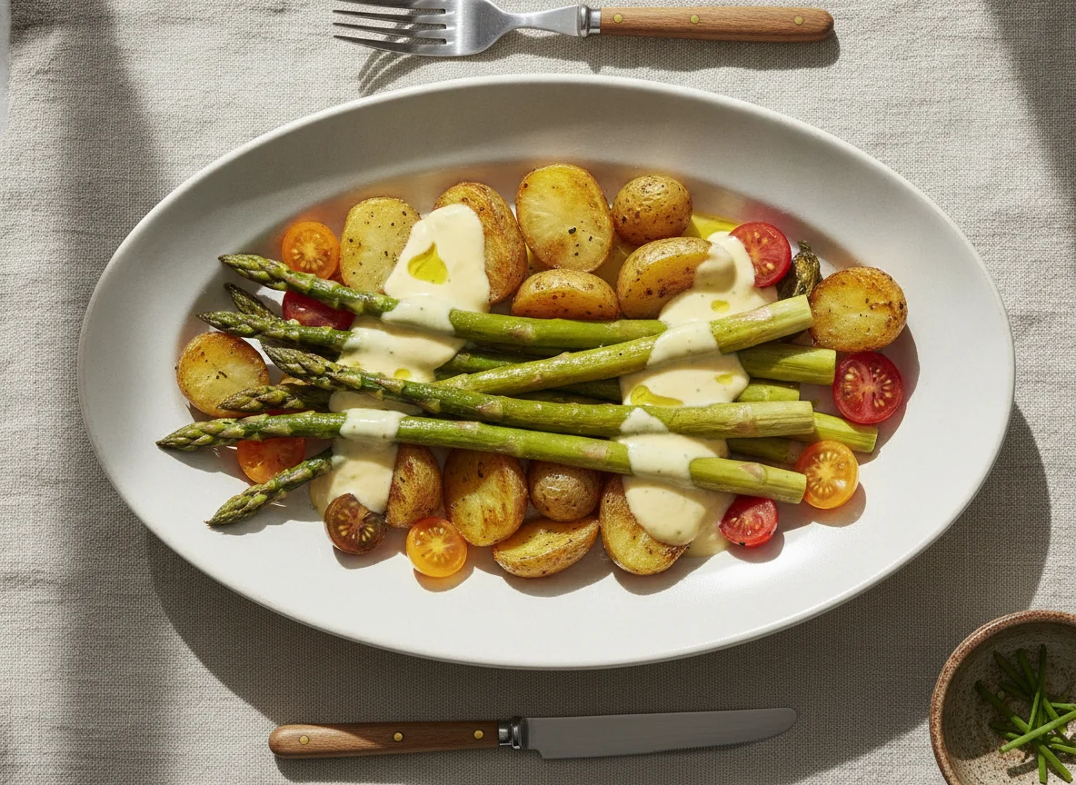 Grüner Spargel mit Kartoffeln und Sauce Hollandaise photo