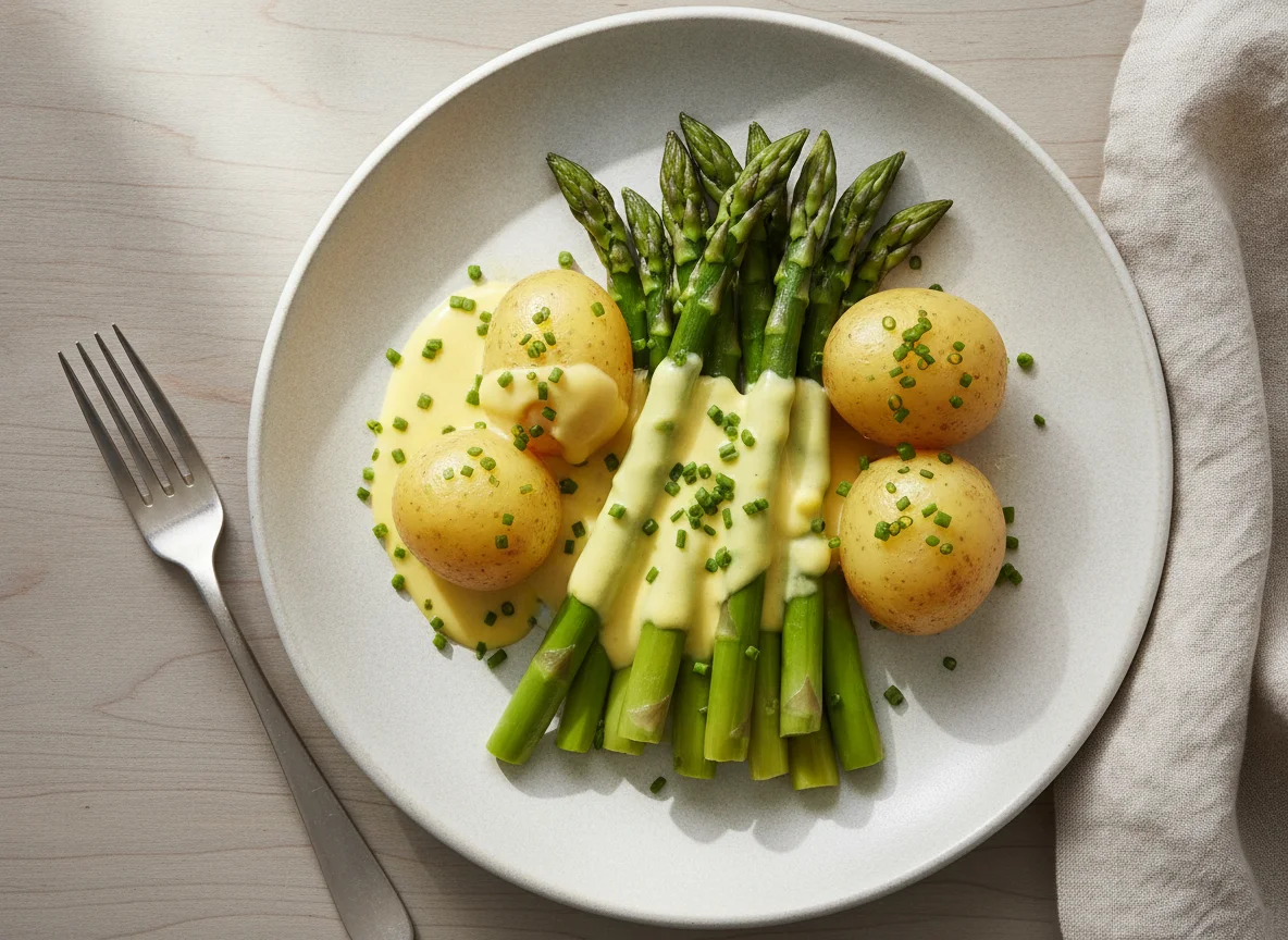 Grüner Spargel mit Salzkartoffeln und Sauce Hollandaise photo