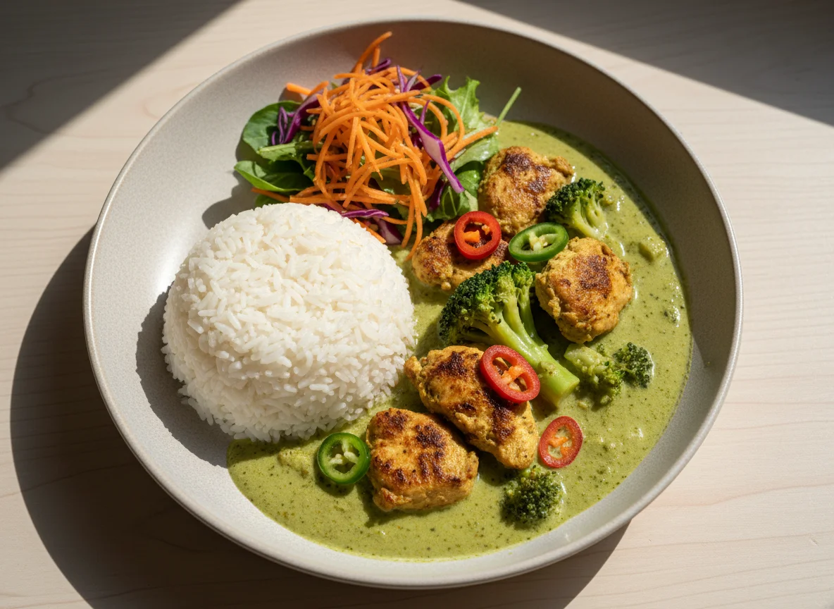 Grünes Curry mit Reis, Broccoli, Chilis und Planted Chicken photo