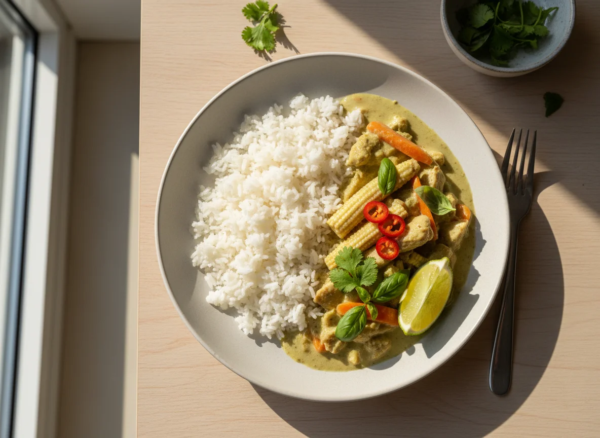 Grünes Curry mit Reis photo
