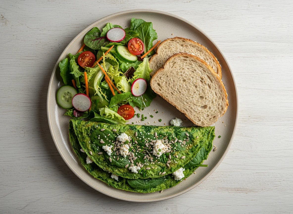 Grünes Omelett mit Salat und Brot photo