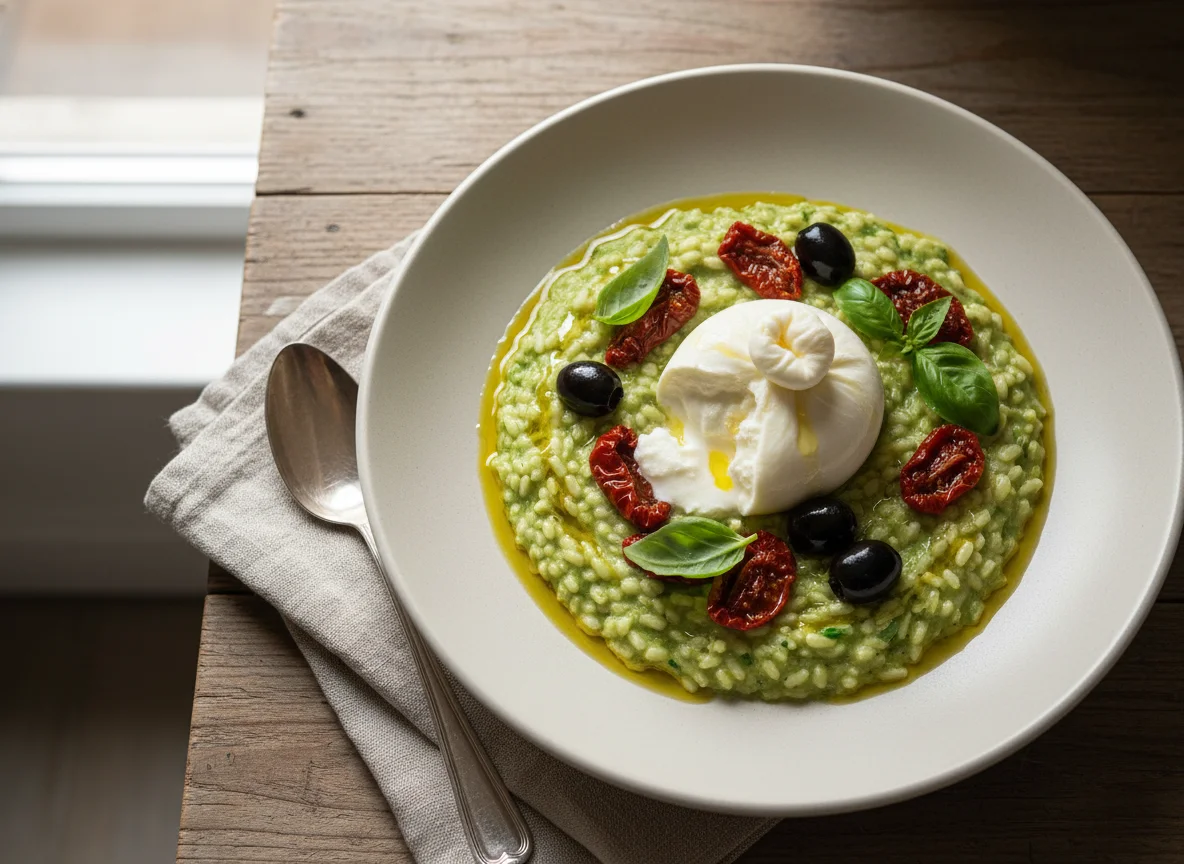 Grünes Risotto mit Burrata und getrockneten Tomaten photo