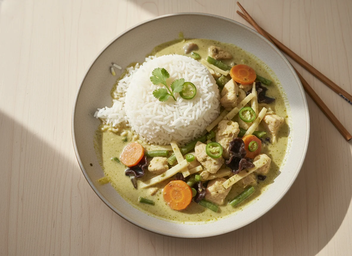 Grünes Thai-Curry mit Hähnchen und Reis photo