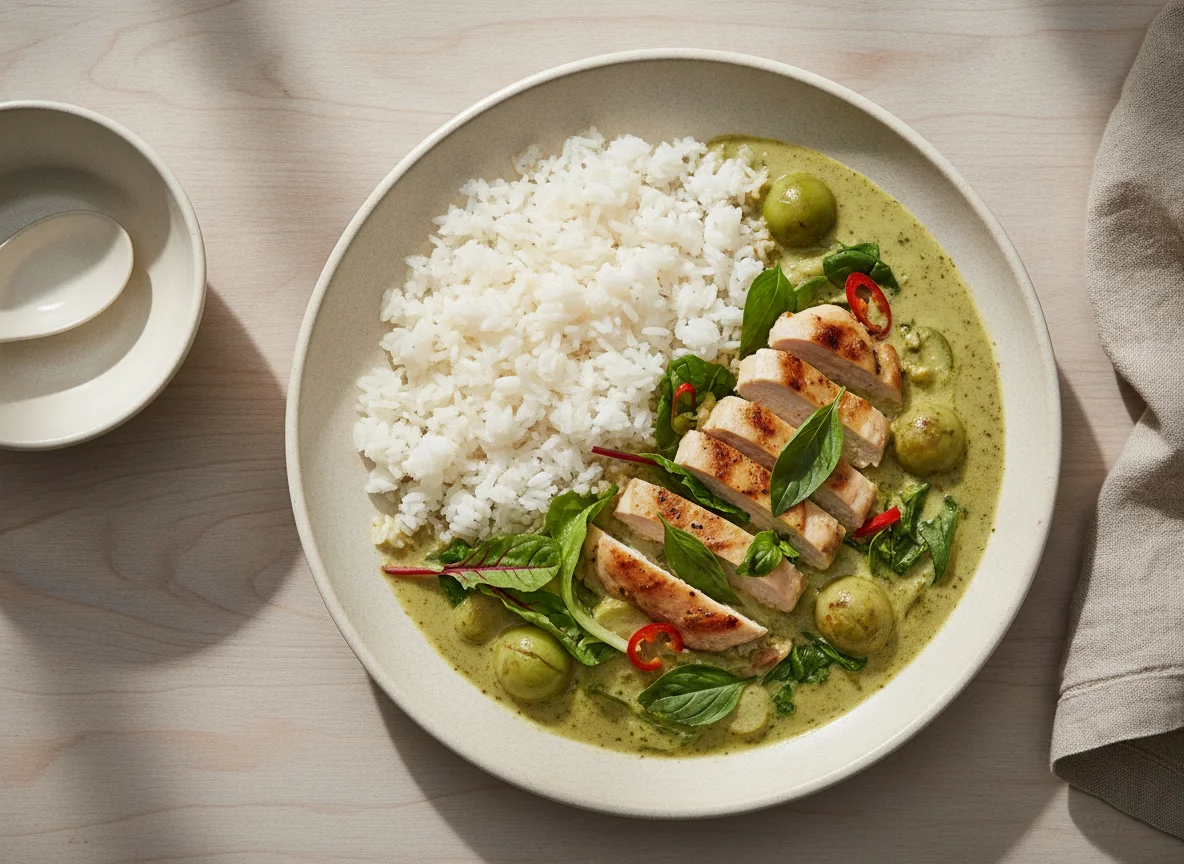 Grünes Thai-Curry mit Poulet und Reis photo