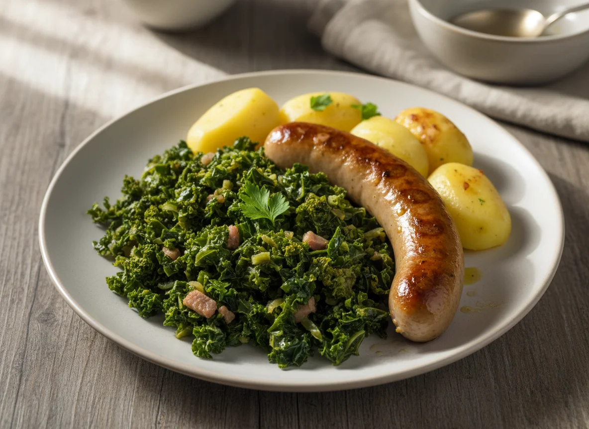 Grünkohl mit Kartoffeln und Wurst photo