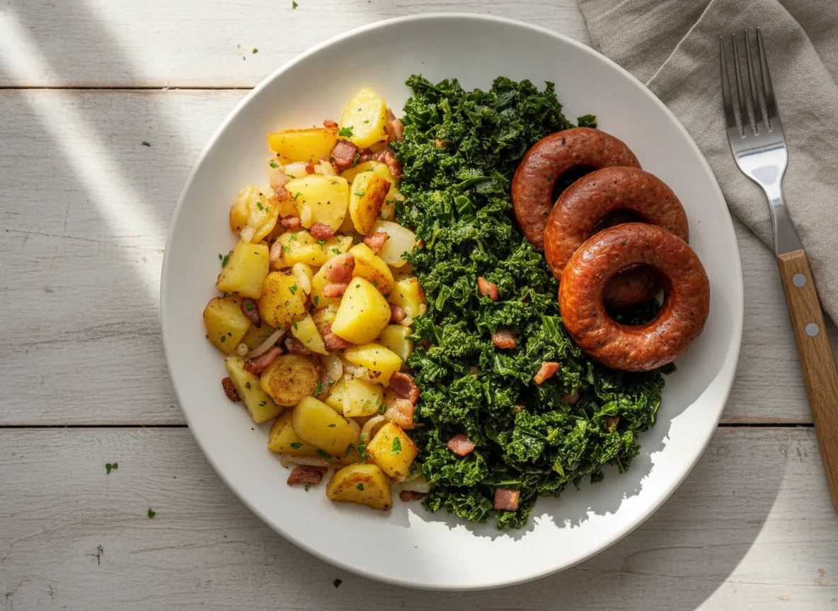 Grünkohl mit Mettwurst und Bratkartoffeln photo