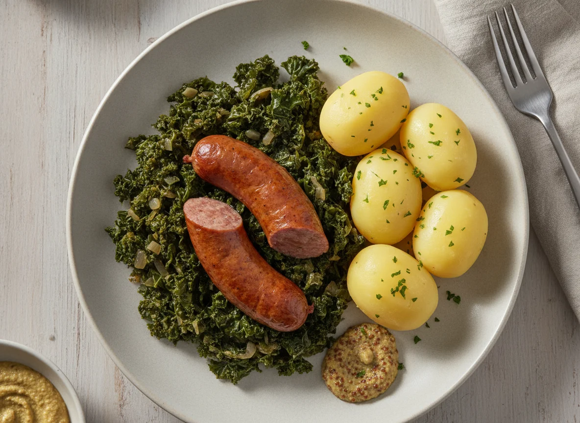 Grünkohl mit Mettwurst und Kartoffeln photo