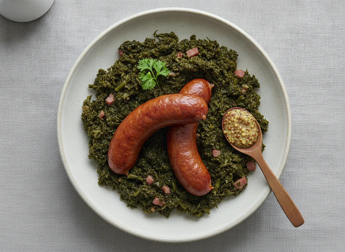 Grünkohl mit Mettwurst und Senf photo