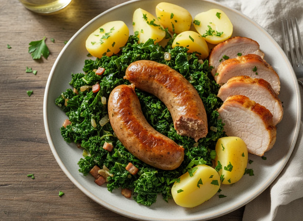 Grünkohl mit Pinkel, Kassler und Kartoffeln photo