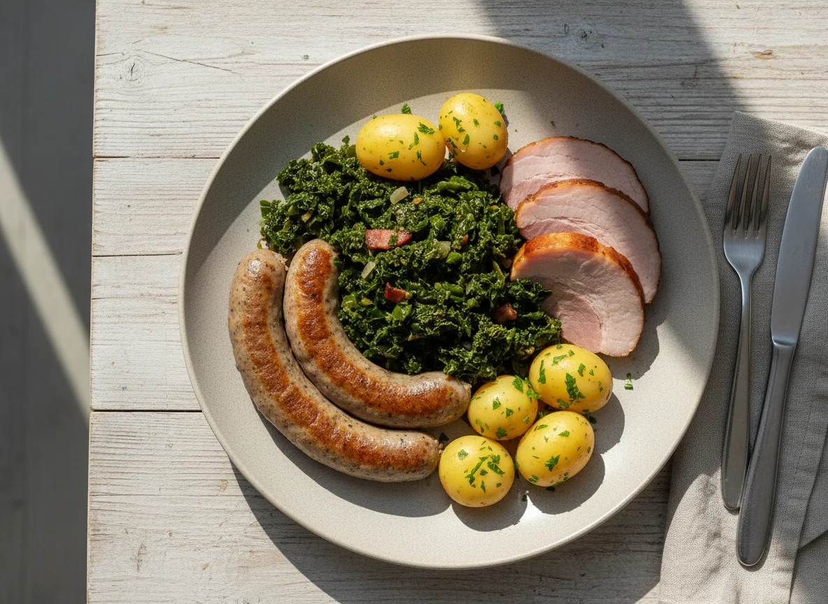 Grünkohl mit Pinkel, Kassler und Salzkartoffeln photo