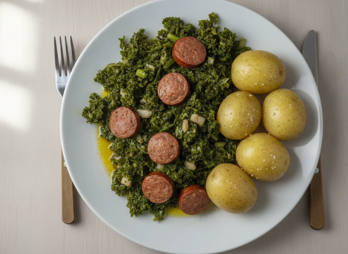 Grünkohl mit Salzkartoffeln und Mettwurst photo