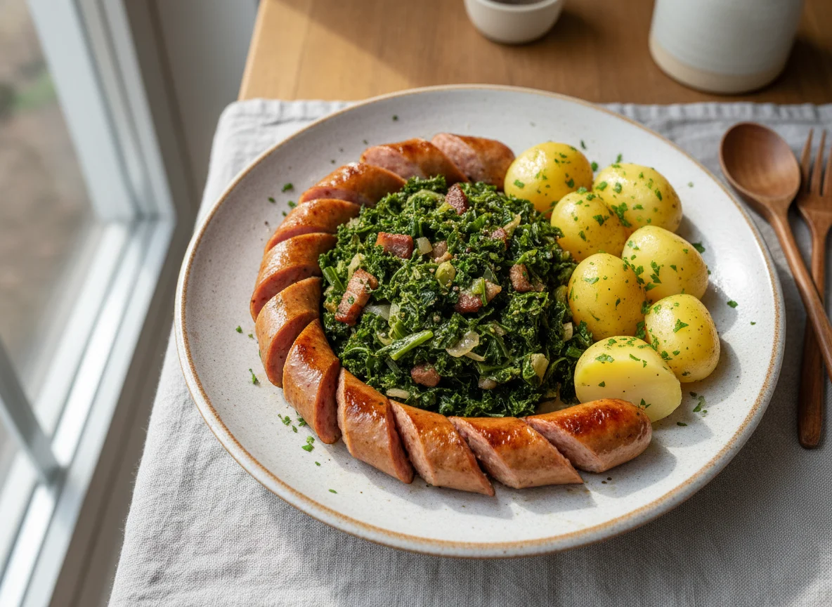 Grünkohl mit Würstchen und Kartoffeln photo