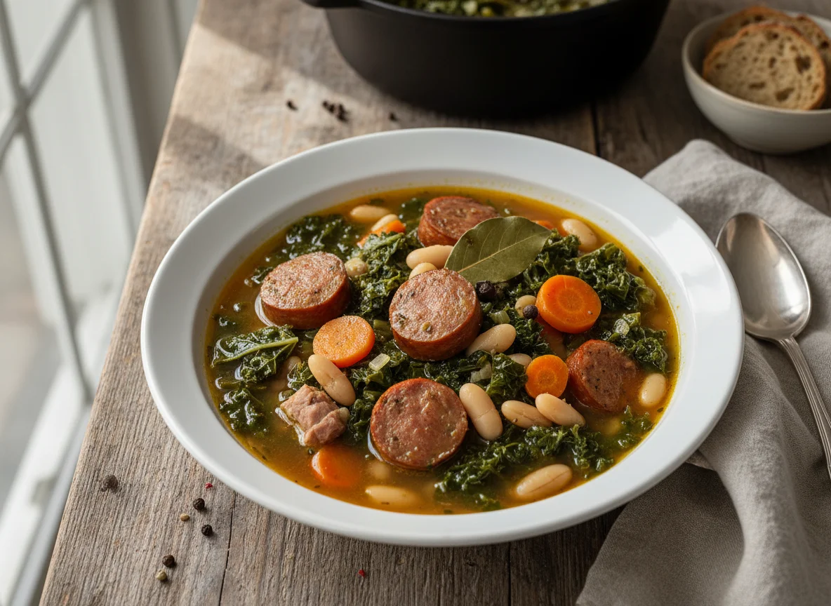 Grünkohl-Eintopf mit Würstchen und Bohnen photo