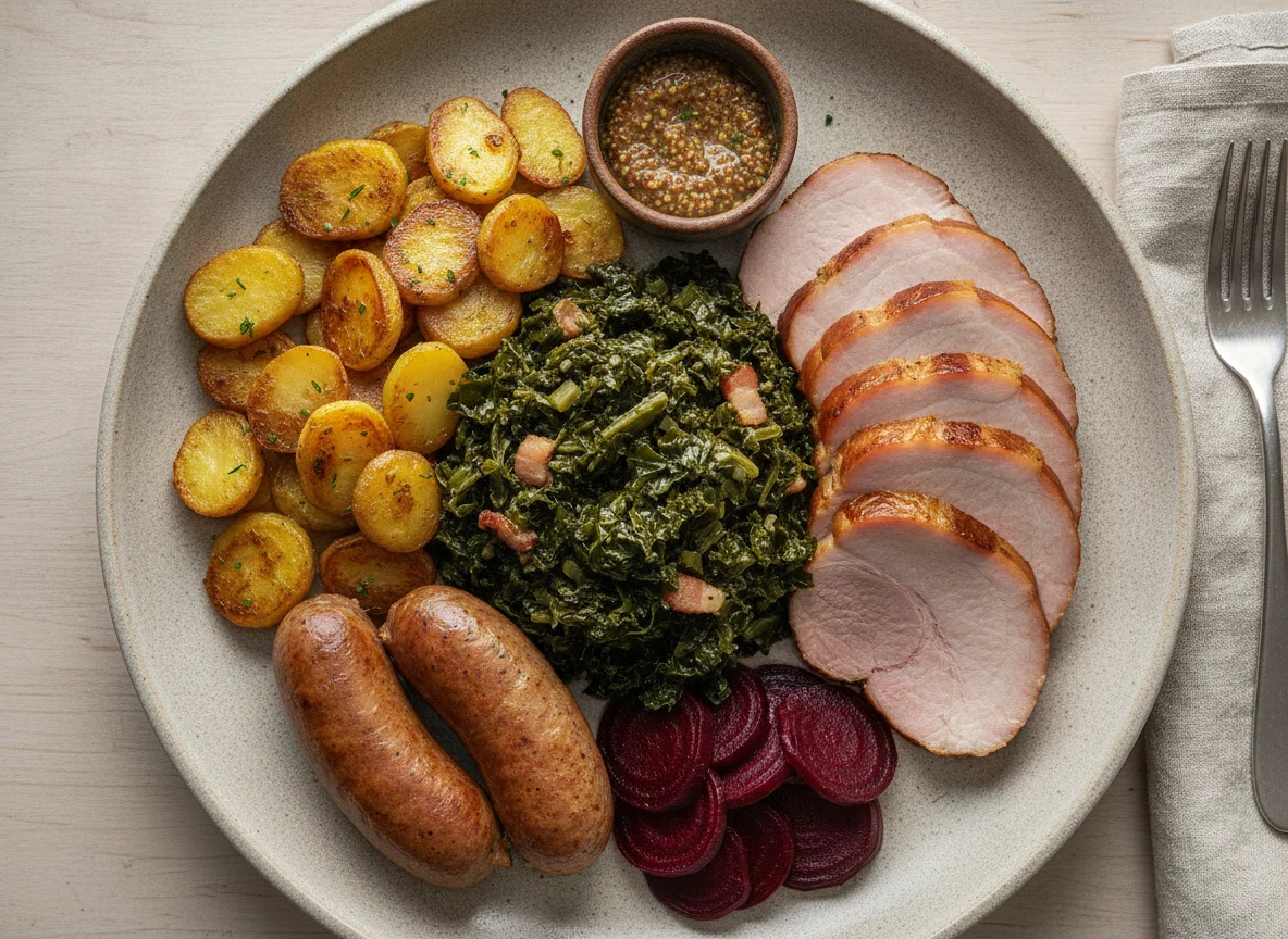 Grünkohlplatte mit Kassler, Pinkel, Bratkartoffeln und Roter Bete photo