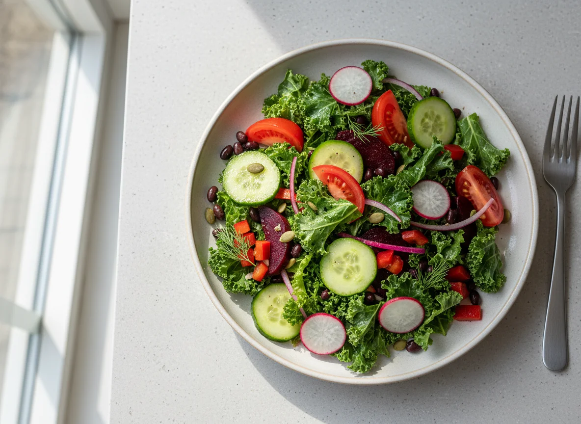 Grünkohl-Salat mit Bohnen und Gemüse photo