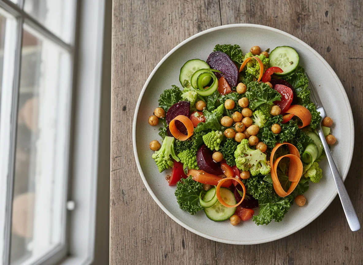 Grünkohl-Salat mit Gemüse und Kichererbsen photo