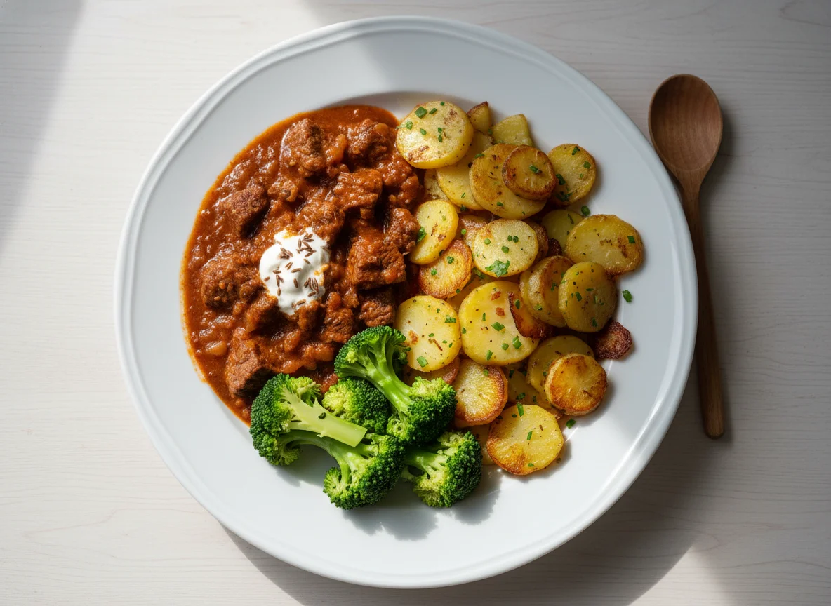 Gulasch mit Bratkartoffeln und Brokkoli photo