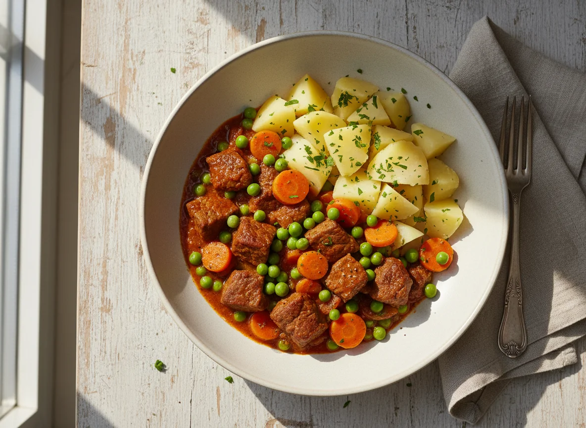 Gulasch mit Erbsen und Kartoffeln photo