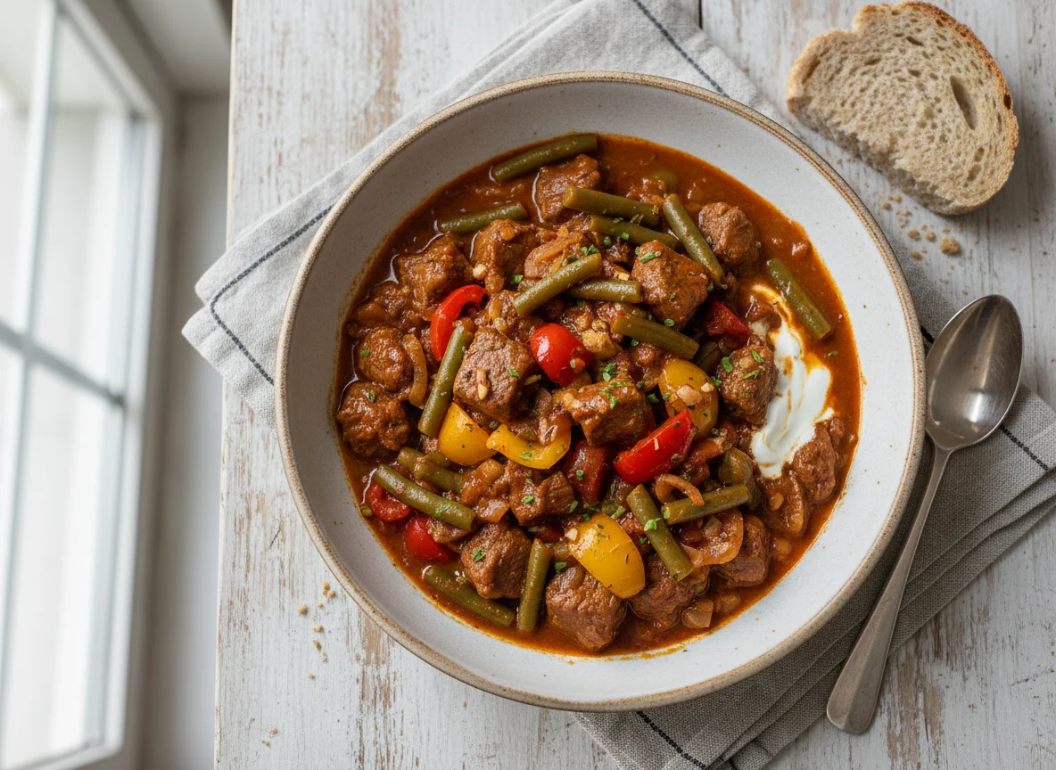 Gulasch mit grünen Bohnen und Paprika photo