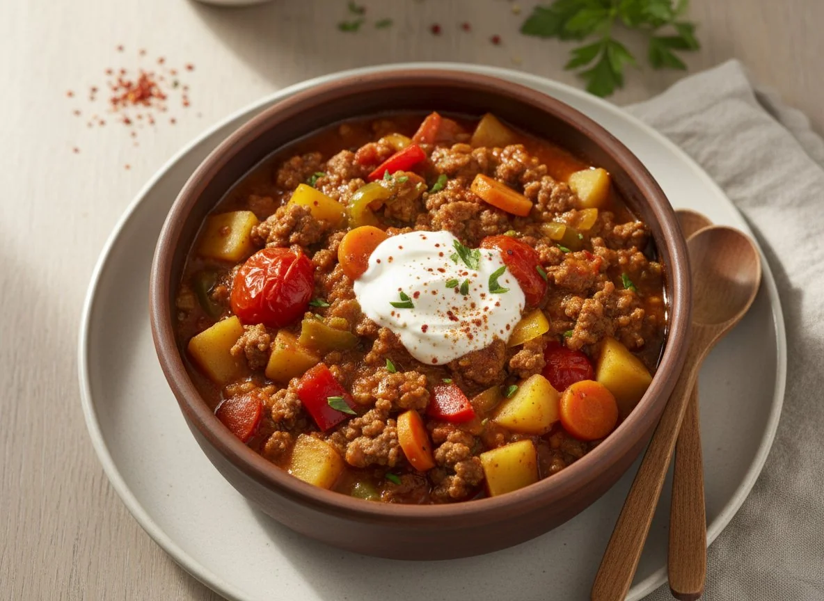 Gulasch mit Hackfleisch und Kartoffeln photo