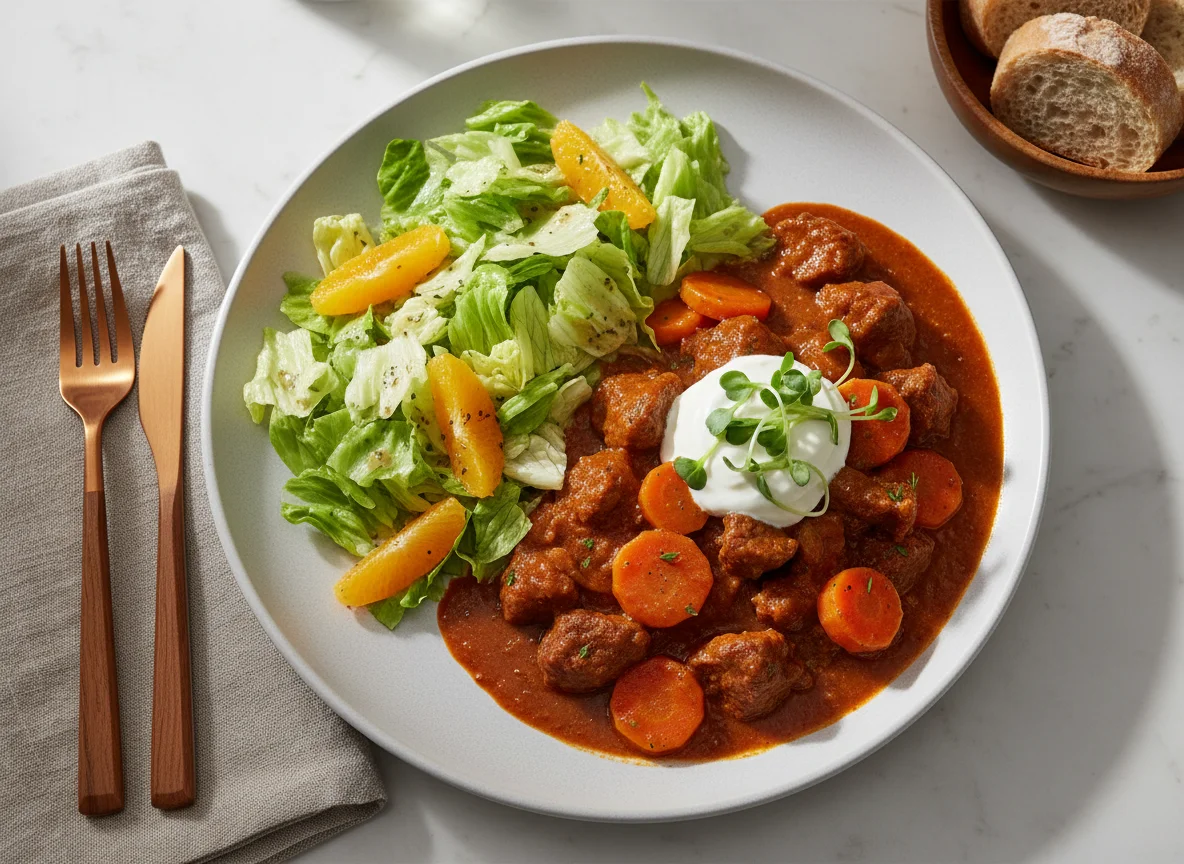 Gulasch mit Karotten und Salat photo