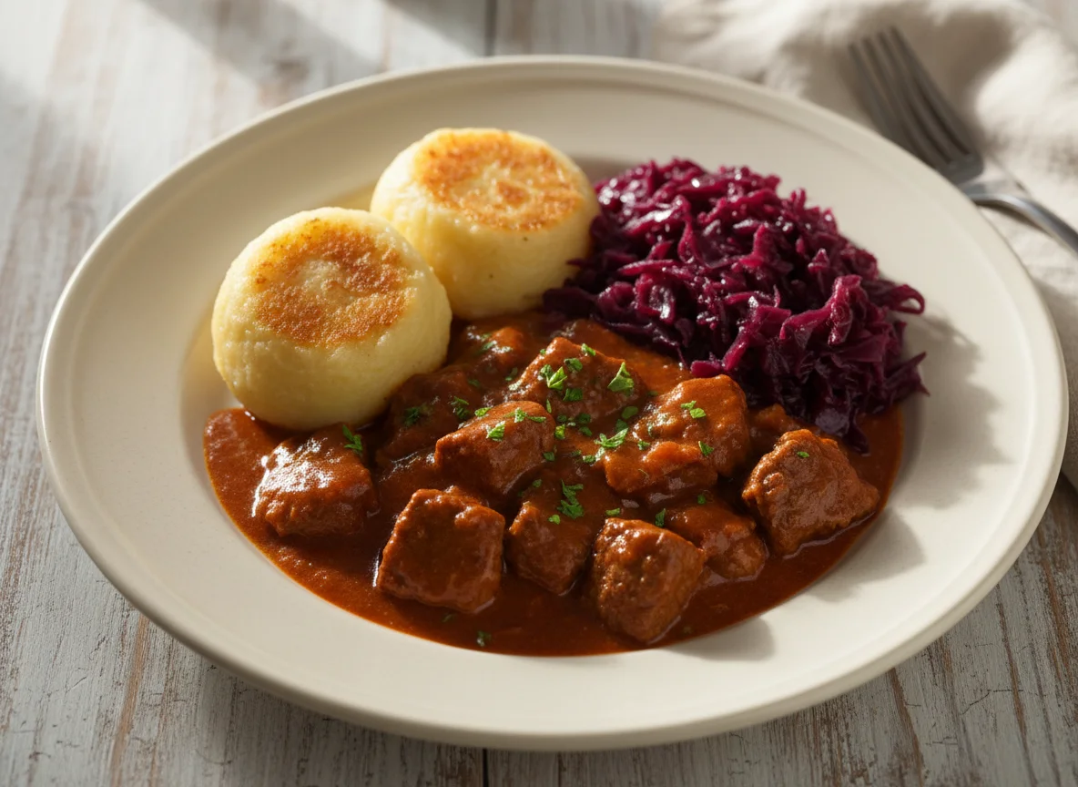 Gulasch mit Kartoffelklößen und Rotkohl photo