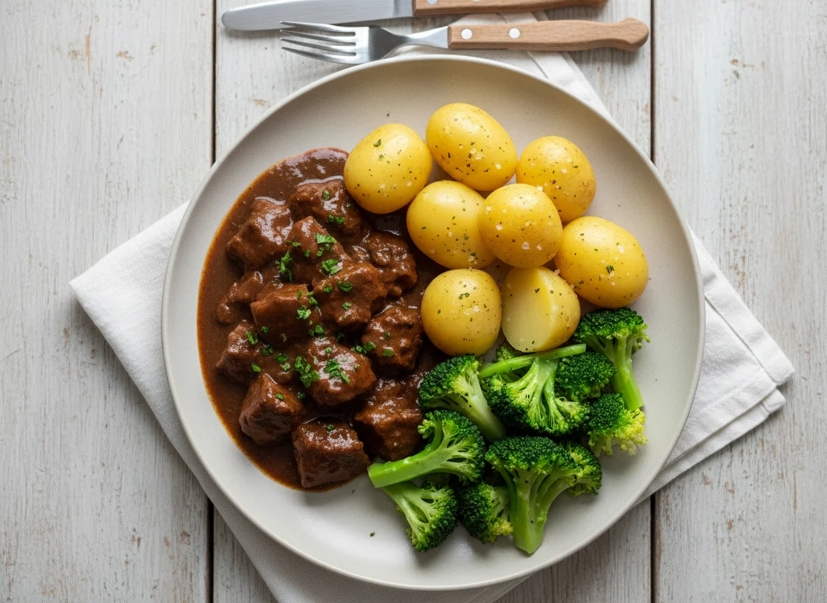 Gulasch mit Kartoffeln und Brokkoli photo