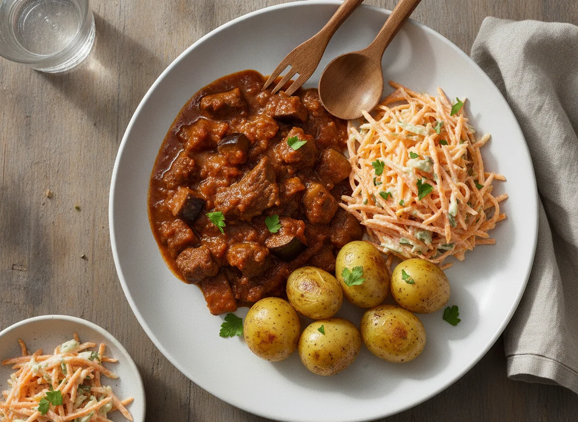 Gulasch mit Kartoffeln und Karottensalat photo