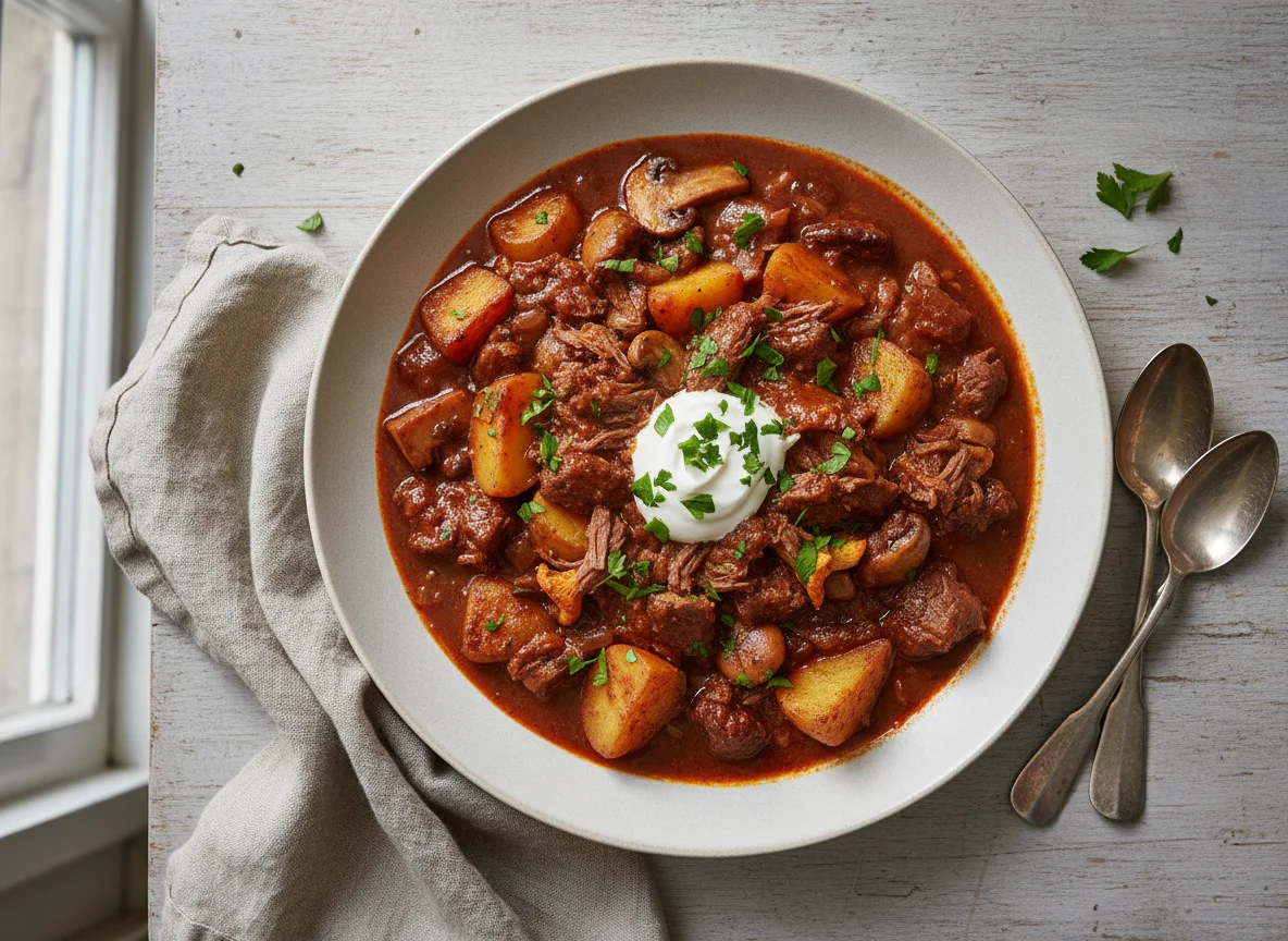 Gulasch mit Kartoffeln und Pilzen photo