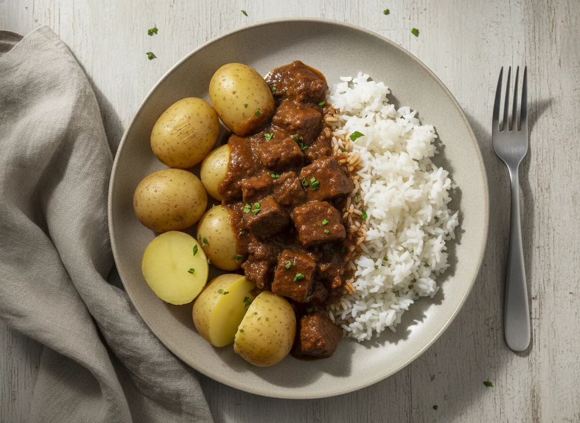 Gulasch mit Kartoffeln und Reis photo