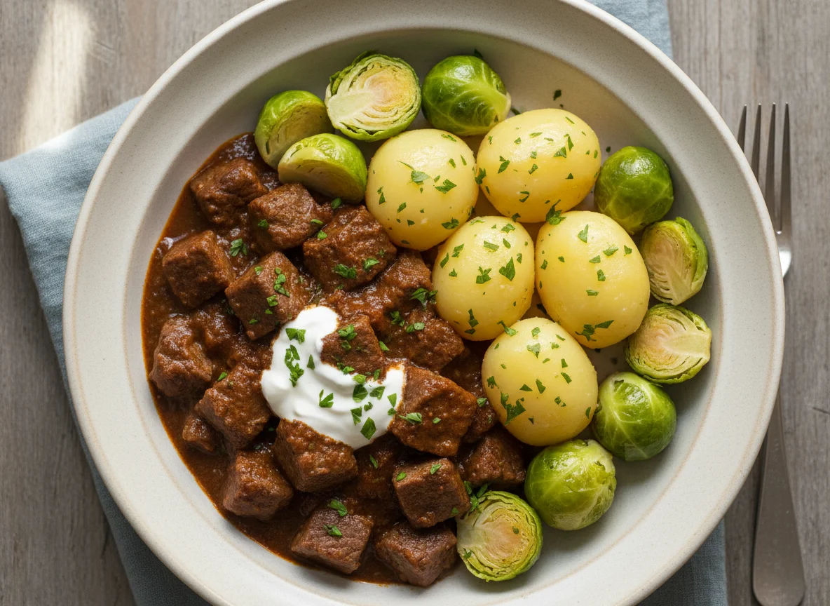 Gulasch mit Kartoffeln und Rosenkohl photo