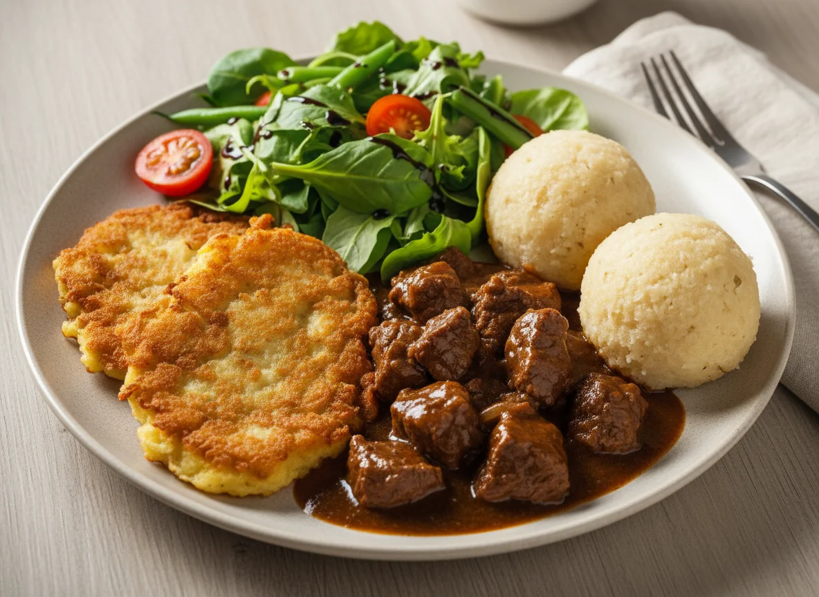 Gulasch mit Kartoffelpuffer, Semmelknödel und Salat photo